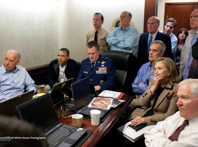 President Barack Obama and Vice President Joe Biden, along with with members of the national security team, receive an update on the mission against Osama bin Laden in the Situation Room of the White House, May 1, 2011. Please note: a classified document seen in this photograph has been obscured. (Official White House Photo by Pete Souza)

This official White House photograph is being made available only for publication by news organizations and/or for personal use printing by the subject(s) of the photograph. The photograph may not be manipulated in any way and may not be used in commercial or political materials, advertisements, emails, products, promotions that in any way suggests approval or endorsement of the President, the First Family, or the White House.