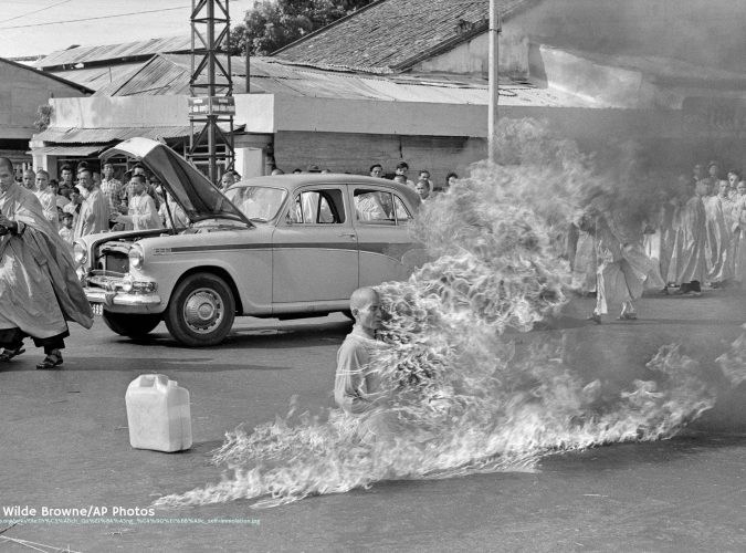 EDS NOTE: GRAPHIC CONTENT - Thich Quang Duc, a Buddhist monk, burns himself to death on a Saigon street June 11, 1963 to protest alleged persecution of Buddhists by the South Vietnamese government. (AP Photo/Malcolm Browne)